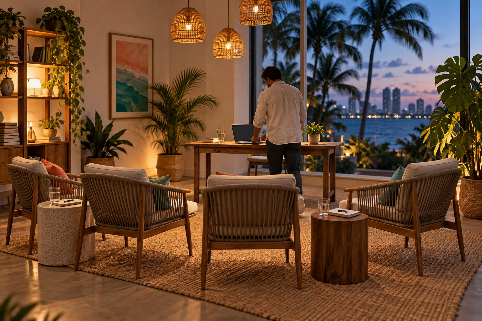 An inviting tropical community workspace prepared for a small hands-on demonstration evening.