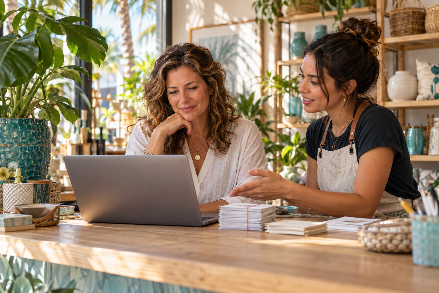 A small business owner reviews a simple workflow at a sunny Florida shop counter.