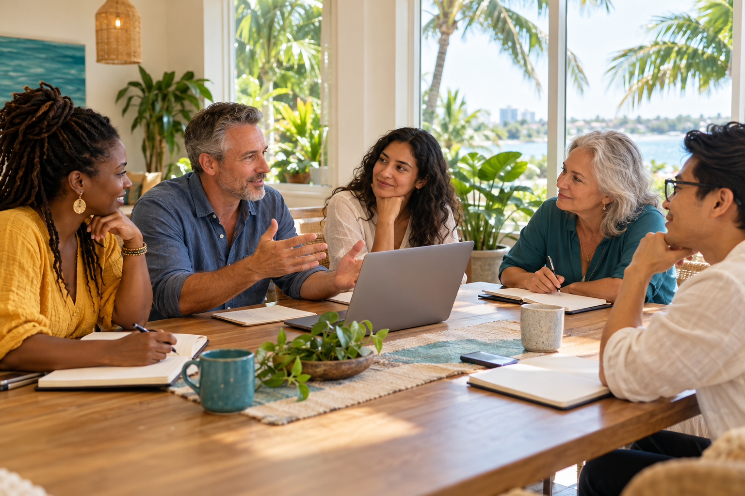 A small group of adults learning together in a sunlit room overlooking tropical greenery.