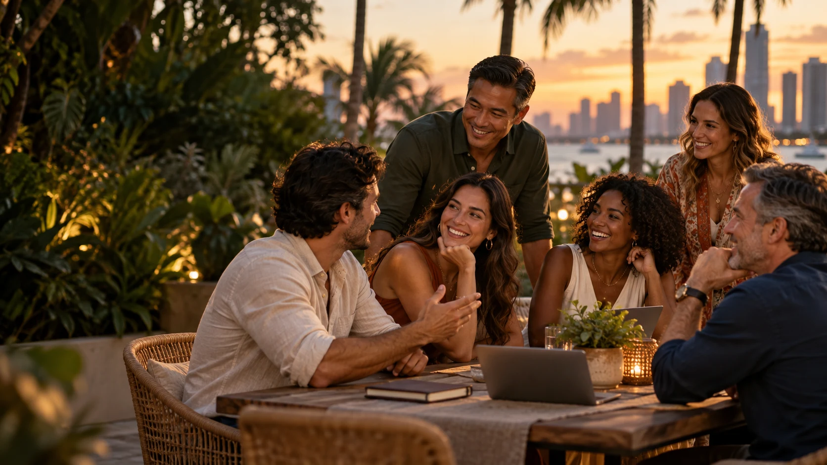 Illustration of a diverse group sharing ideas and conversation on a palm-lined South Florida terrace